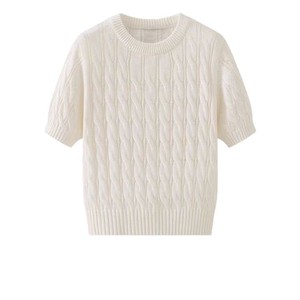 เสื้อสเวตเตอร์แขนสั้นผู้หญิง ผ้าถักลายเคเบิ้ล สีพื้น แขนพอง ผ้าฝ้ายเนื้อหนาปานกลาง - Product Image 5