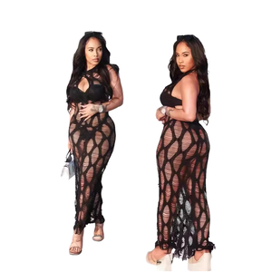Nouvelle Robe de Plage Longue en Chiffon Crochetée à la Main, Modèle CR1450, Tendance Estivale, Sexy, Coupe Trapèze, Évidée, Col Halter, Couleur Bonbon - Product Image 1