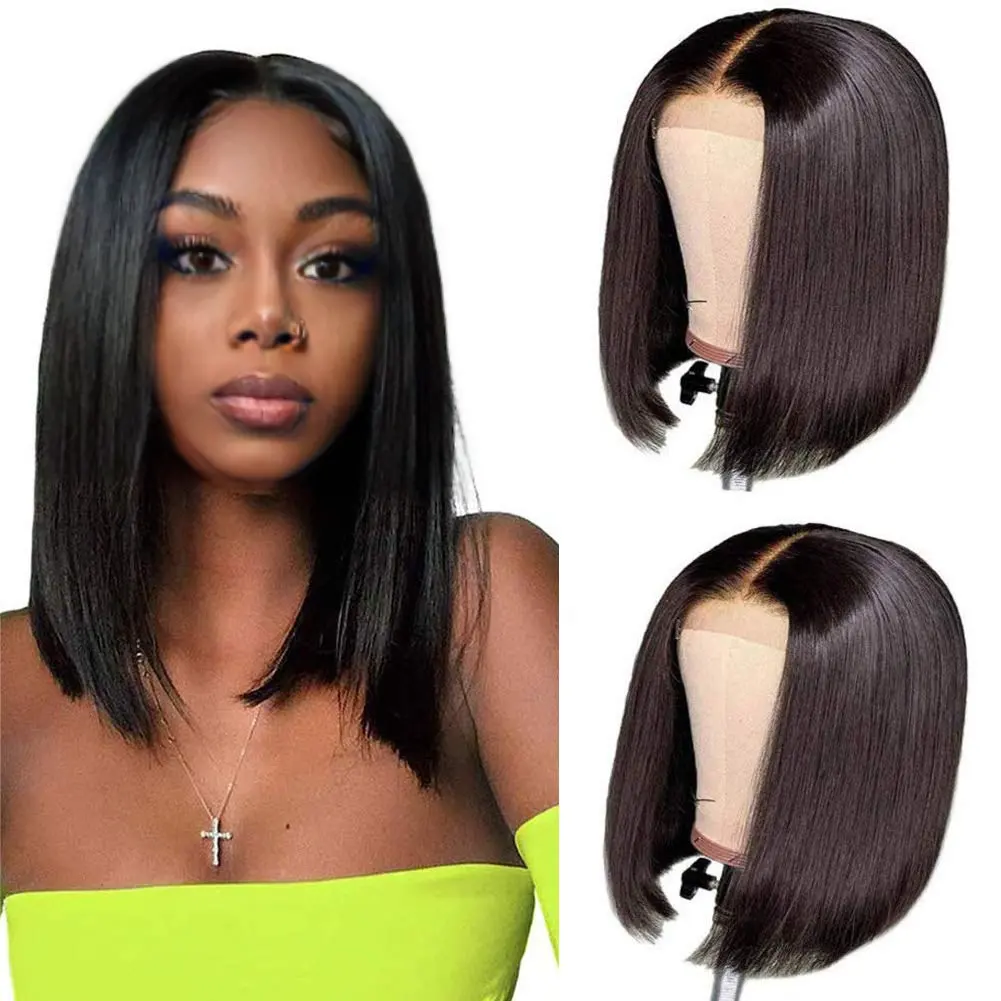 100% natural preto curto bob peruca com franja para as mulheres negras brasileira virgem remy em linha reta cabelo humano franja bob estilo corte peruca
