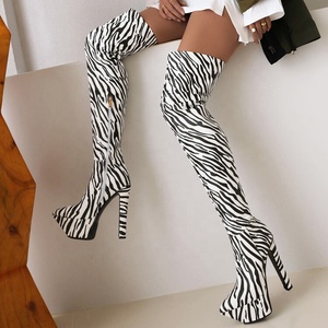 New Women's Sexy Over Knee Long Boots Thick High Heels <b>Shoes</b> Pointed Toe Platform Zebra Print Thigh High Booties - Product Image 5
