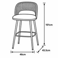 Tabouret de bar moderne en rotin avec dossier, coussin moelleux, cadre noir et repose-pieds pour cuisine, îlot, bistrot et hôtellerie - Vente en gros directe usine