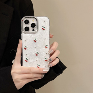 Nueva Funda de Teléfono de Lujo con Diamantes Blancos y Cereza para iPhone 16 15 14 13 Pro Max, Carcasa 3D Electrochapada con Brillantina, Suave y Resistente a Impactos - Product Image 5