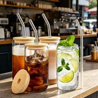 Gobelet en verre transparent pour café glacé avec couvercle en bambou et paille en verre, plusieurs tailles, pour jus, lait, thé, idéal pour café, maison, vente en gros