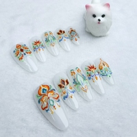 Uñas artificiales hechas a mano Uñas en forma de almendra con flores pintadas estilo corte Alta calidad y reutilizables