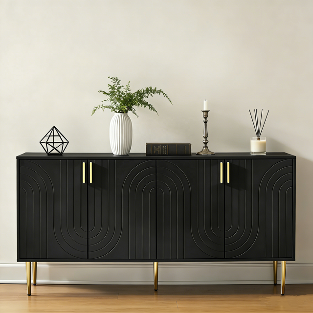 Modern Black Wood Sideboard Buffet Cabinet 4 Doors Gold Handles Arch Design Storage Credenza Kitchen Living Room Bathroom