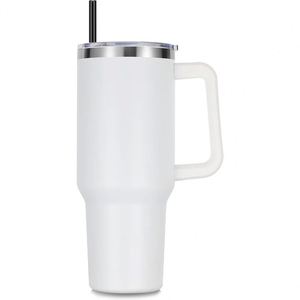White Stainless Steel Tumbler 40oz <b>With</b> Handle And <b>Straw</b> Vacuum Insulated Travel Mug - Product Image 1