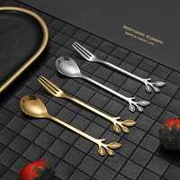 Ensemble de cuillère et de fourchette multifonction en acier inoxydable avec manche en forme de feuille pour le café, le dessert, les fruits - Vaisselle de table fraîche et mignonne