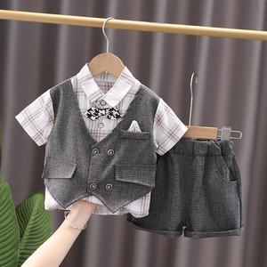 새로운 스타일 아기 남자 정장 세트 반팔 나비넥타이 셔츠 반바지 - Product Image 3