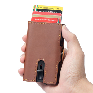 <b>RFID</b> Blocking Vintage Automatic Leather ID Credit Card Holder Metal Aluminum Alloy Case Business Slim Mini Smart <b>Wallet</b> - Product Image 1