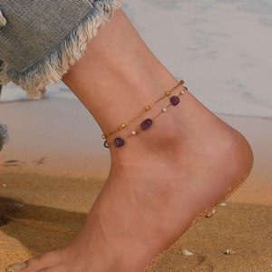 Ocean Whale Tail Double Layer Anklet Gold Stainless Steel Natural Purple Crystal Pearl Bead Starfish Gold Plated Jewelry Anklets - Product Image 2
