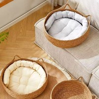 Lit pour chat naturel en paille, nid tissé, maison pour animaux de compagnie, fait à la main, feuilles de jonc tressées avec coussin doux, panier en paille tissé à la main