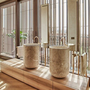 Lavabo de Mármol Beige con Vetas, Lavabo de Sobremesa para Hoteles de Lujo, Residencias, Apartamentos <span class=keywords><strong>Urbanos</strong></span>, Instalación en Balcones y Baños - Product Image 1