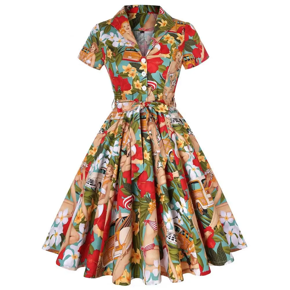 1950 복고풍 여성의 V 넥 프린트 여름 빈티지 원피스 짧은 소매 옷깃 나비 드레스 여성용 벨트
