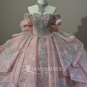 Xs311 Modern Floral Print Appliques Crystal Choker Sweetheart Beaded Pearl <b>Lace</b> Floor-Length Ball Gown Quinceanera <b>Pink</b> Sweet 16 - Product Image 2