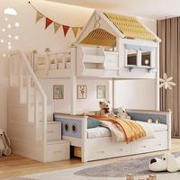 Nueva llegada: Cama litera tipo loft con estructura de madera para niños, con tobogán y escalera, compatible con OEM.