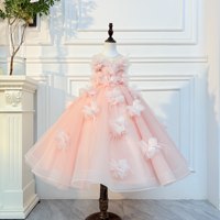 Robe de princesse rose à plumes florales 3D pour enfants, pour mariage, anniversaire, performance au piano, fête formelle, robe tutu