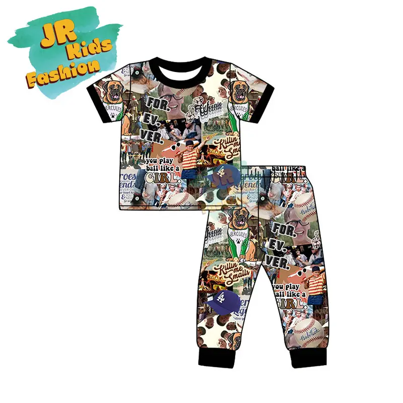 夏の子供ラウンジ服セット漫画ソフトボールプリントファッションガールズ半袖Tシャツトップスとパンツ2ピースセット
