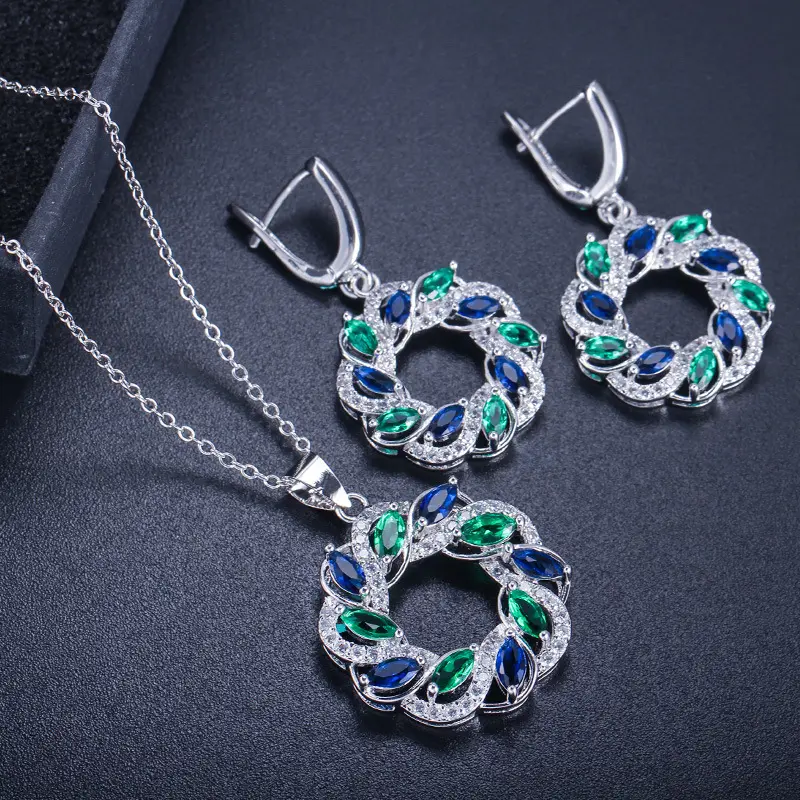 Großhandel eleganter künstlicher Diamant Hochzeit Kristall resistente runde Blume mehrfarbig Zirkon Strass Halskette Ohrringe Sets