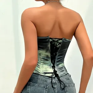 New Hot Selling Fashion Print Women Sexy Backless Halter Lace Up Steel Fishbone Tank Top Sexy Party Club Tops