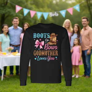Camiseta de manga larga con estampado de botas o lazos, 'Godmother Loves You', para revelación de género familiar - Product Image 3