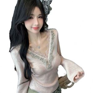 V-Neck Lace Trim Blouse Bell Sleeve Casual <b>Top</b> for Women Everyday Work to Date Night T-Shirt - Product Image 1