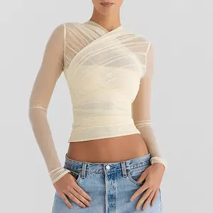 Cross-Border Women's Clothing Summer New Long Sleeve Mesh Tops Cross Design All Match Girl Crop Top Wholesale