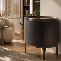 Table de chevet moderne de luxe écologique en placage de bois fumé fait main, 2 tiroirs, plateau elliptique métallique, ouverture par poussée, pour salle à manger