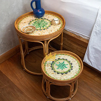 Table basse moderne en rotin écologique avec incrustation de nacre, design coquillage, table d'appoint, mobilier d'intérieur et d'extérieur