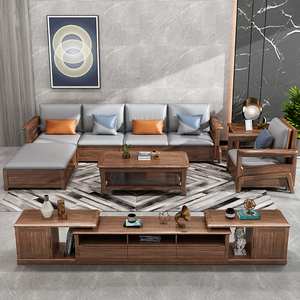 Set di Divani <span class=keywords><strong>in</strong></span> Pelle con Struttura <span class=keywords><strong>in</strong></span> <span class=keywords><strong>Legno</strong></span> di Teak Massiccio Intagliato, 7 Posti, Fatto a Mano, Design per Arredamento Soggiorno - Product Image 1