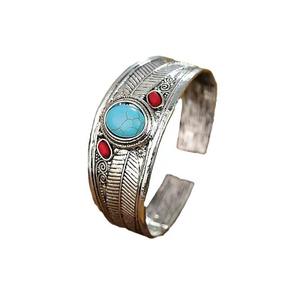 Bohemian Chic <span class=keywords><strong>Turquoise</strong></span> Open <span class=keywords><strong>Cuff</strong></span> Bracelet con filigrana-Pulsera tibetana de turquesa y piedra de coral para mujeres y hombres-Brazalete abierto - Product Image 6
