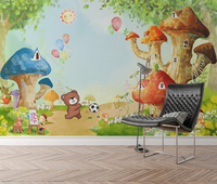 Papier peint pour chambre d'enfant, motif de maison de champignon de conte de fées, dessin animé, ours ludique et ballons colorés, décoration de chambre d'enfant