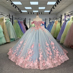 Jancember 1304 Abito da Sera Principessa <span class=keywords><strong>Rosa</strong></span> Blu con Spalle Scoperte <span class=keywords><strong>e</strong></span> Decorazioni Floreali - Product Image 1