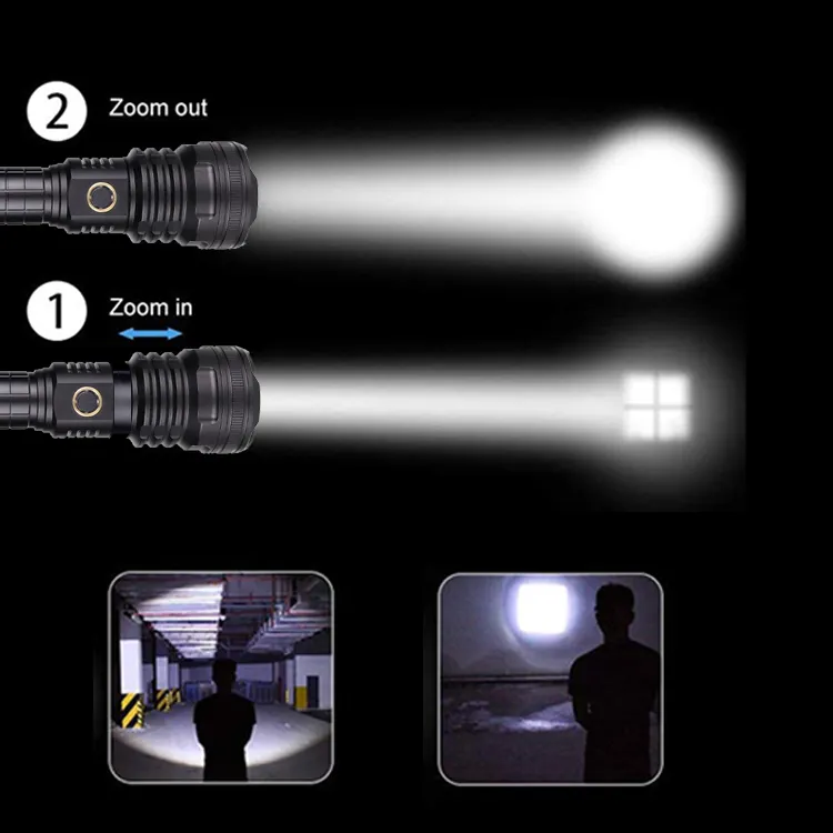 Linterna táctica de aluminio de alta potencia, autodefensa, recargable por USB, linterna Led Xhp90 con martillo trasero