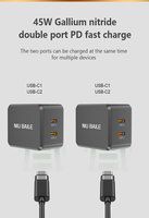 NIUBAILE Chargeur Rapide Universel 45W Double Port Type-C Conception Pliable Matériau PC Ignifuge Conformité PD/FCP Protection Contre les Surcharges