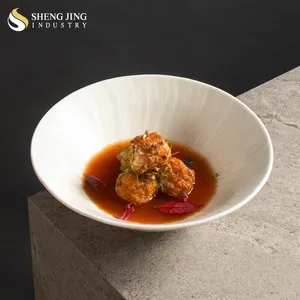 Shengjing Beige Ceramic Deep Dish Bowl Porcelain Round Noodle Soup Sala Appetizer Bowls For Hotel Restaurant Tableware Sets