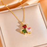 Nouvelle Collection : Parure Collier Pendentif et Boucles d'Oreilles Trèfle Cœur en Zircon Coloré pour Femme, en Acier Titane Plaqué Argent/Or, Légère, Idéale pour Mariage