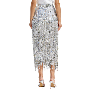 Benutzer definierte Quaste Pailletten Midirock Damen 100% Polyester Sparkly Fransen Perlen rock für Sommer Freizeit kleidung