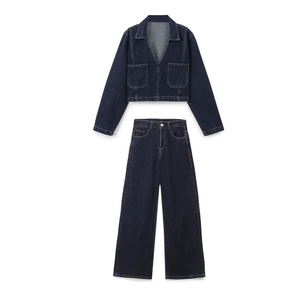 Hot Sale Turn <b>Down</b> Collar V Neck Long Sleeve Pockets Loose Straight <b>Pants</b> Denim Sets Women Fashion - Product Image 2