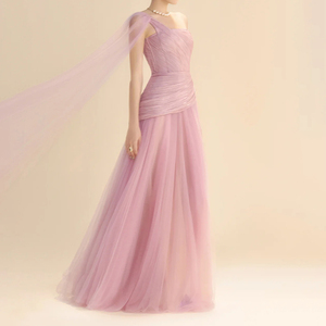 فستان سهرة راقي للنساء من ZYHT بكتف واحد لون وردي من التل مع جسم راقي وتفاصيل الرأس - Product Image 3