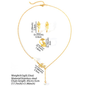 <span class=keywords><strong>Set</strong></span> Kalung/Cincin/Anting Rantai Baja Tahan Karat dengan Liontin Daun dan Mutiara untuk Wanita, Perhiasan Fashion Elegan untuk Wanita - Product Image 6