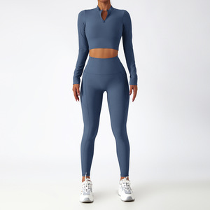 Yüksek Kaliteli Hafif Kadın Sporcu Yeleği Fermuarlı Spor Atleti Dolgulu Yoga Crop Top Uzun Kollu Yüksek Bel Yan Cepli Koşu Takımı - Product Image 1