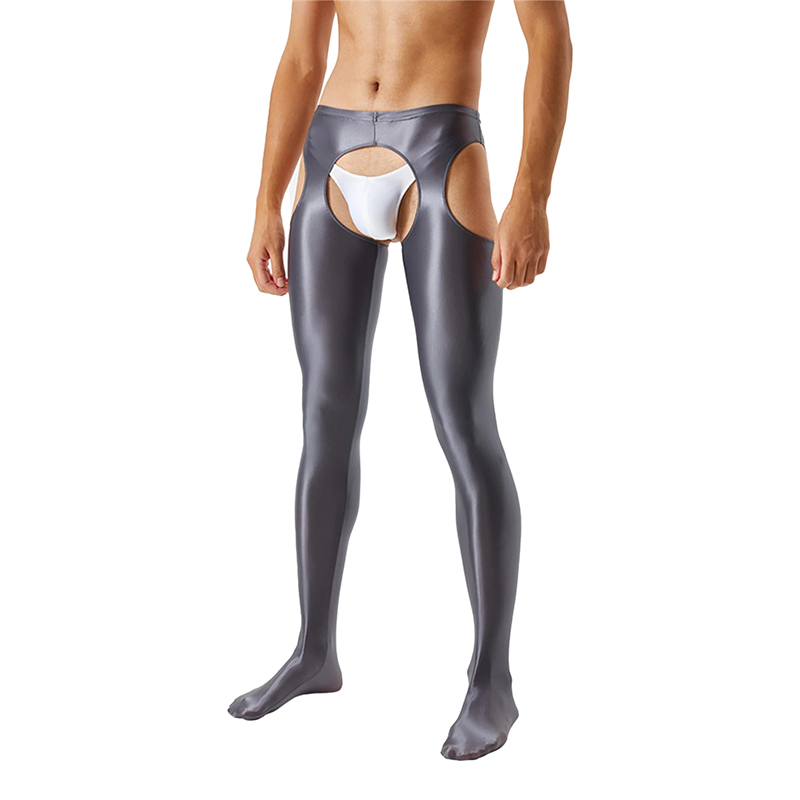 Grey Unisex Glossy Crotchless Pantyhose Footed Leggings