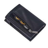 Dompet penyimpan kartu kulit PU ramping, dompet kulit PU ramping dengan kantung koin ritsleting RFID Aluminium magnetik Pop-up dan dompet logam