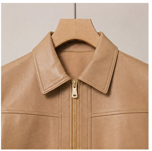 <span class=keywords><strong>Veste</strong></span> en <span class=keywords><strong>cuir</strong></span> de mouton lisse couleur kaki clair pour femme, style chemise, avec double poche à rabat et boutons-pression, coupe courte, vintage, pour le quotidien - Product Image 4