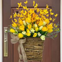 Keranjang Bunga Tulip Plastik Buatan Tangan 40cm Warna Kuning untuk Musim Semi/Panas, Hiasan Pintu Gaya Farmhouse untuk Rumah