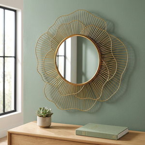 Elegant Modern Iron Wall <b>Mirror</b> with <b>Gold</b> Wire Flower Frame Stylish Round Decorative <b>Mirror</b> Living Room Bedroom - Product Image 5