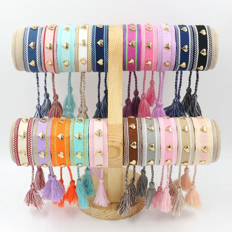 MIO Trendy Unisex Friendship Bracelets Heart Metal Rivets Studs Woven Braided Wide Bracelet Handmade Adjustable Tassel Wristband