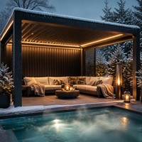 Pergola motorisée à lames orientables en aluminium avec capteur de pluie, LED étanche, revêtement poudré, design nature, usine OEM