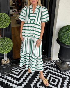 Abito Lungo a Righe con Scollo a V e Maniche a Lanterna, Moda Casual Femminile Primavera 2026, Vestito Midi in Poliestere Vestibilità Ampia Rosa Verde Blu S M - Product Image 5
