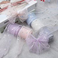 Pita Tulle Iridescent Laser Print 2 Inci 5cm dengan Hiasan Kulit Model Ekor Ikan Gaya Jepang, Loop Kecil untuk DIY Hiasan Rambut, Sepatu, dan Bunga